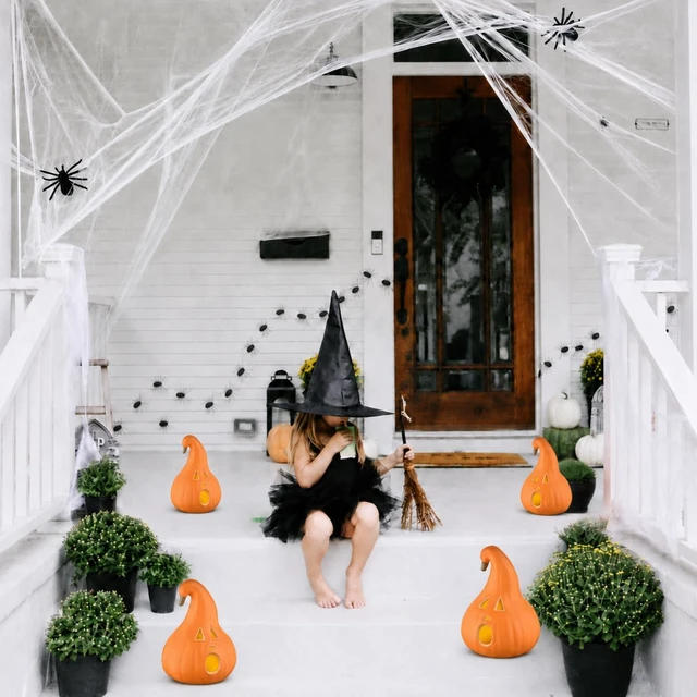 Alt view image 5 of 7 - Halloween Decoration Light-Up Jack-O-Lantern Ghost Face with Curved Stem Indoor Tabletop Fall Decor, Pumpkin Cute Spooky Autumn Accent for Home or Office