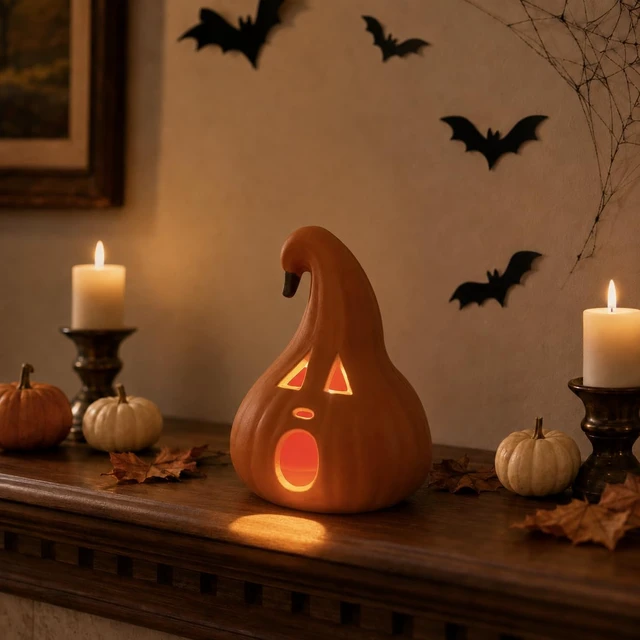 Alt view image 4 of 7 - Halloween Decoration Light-Up Jack-O-Lantern Ghost Face with Curved Stem Indoor Tabletop Fall Decor, Pumpkin Cute Spooky Autumn Accent for Home or Office