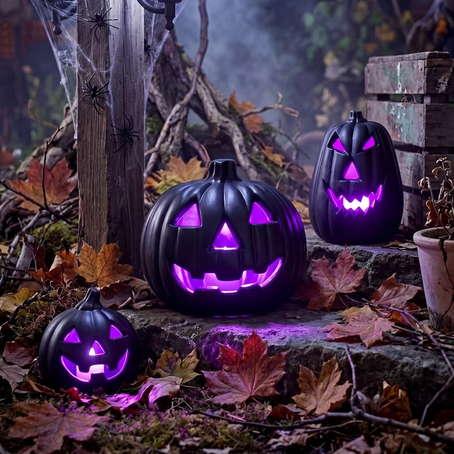 Main image of 3 Pcs Black Jack O Lantern Halloween Lighted Pumpkin Set | Battery Operated LED Light up Purple Glow, Table Porch Indoor Outdoor Decor, Haunted House Party, 3 Size Options