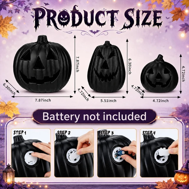 Alt view image 2 of 7 - 3 Pcs Black Jack O Lantern Halloween Lighted Pumpkin Set | Battery Operated LED Light up Purple Glow, Table Porch Indoor Outdoor Decor, Haunted House Party, 3 Size Options