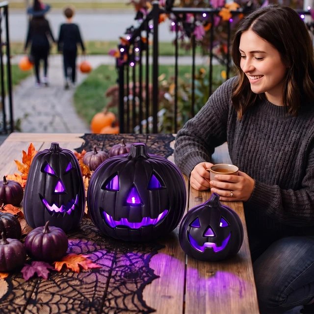 Alt view image 3 of 7 - 3 Pcs Black Jack O Lantern Halloween Lighted Pumpkin Set | Battery Operated LED Light up Purple Glow, Table Porch Indoor Outdoor Decor, Haunted House Party, 3 Size Options
