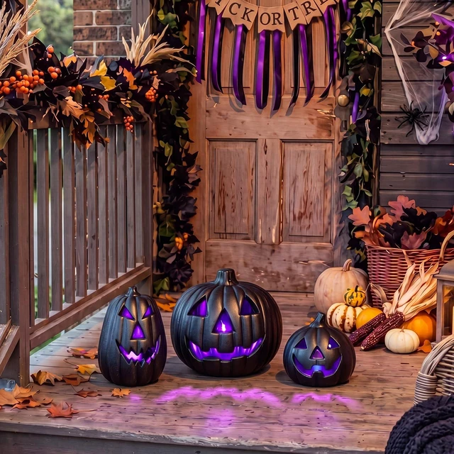 Alt view image 4 of 7 - 3 Pcs Black Jack O Lantern Halloween Lighted Pumpkin Set | Battery Operated LED Light up Purple Glow, Table Porch Indoor Outdoor Decor, Haunted House Party, 3 Size Options