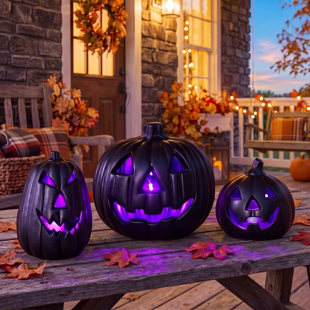 Alt view image 5 of 7 - 3 Pcs Black Jack O Lantern Halloween Lighted Pumpkin Set | Battery Operated LED Light up Purple Glow, Table Porch Indoor Outdoor Decor, Haunted House Party, 3 Size Options
