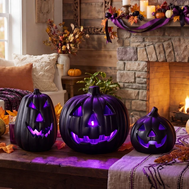 Alt view image 6 of 7 - 3 Pcs Black Jack O Lantern Halloween Lighted Pumpkin Set | Battery Operated LED Light up Purple Glow, Table Porch Indoor Outdoor Decor, Haunted House Party, 3 Size Options