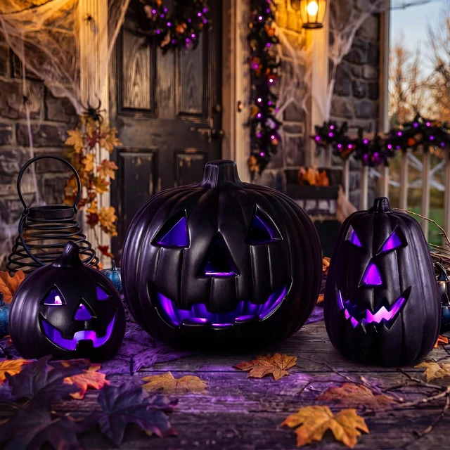 Alt view image 7 of 7 - 3 Pcs Black Jack O Lantern Halloween Lighted Pumpkin Set | Battery Operated LED Light up Purple Glow, Table Porch Indoor Outdoor Decor, Haunted House Party, 3 Size Options