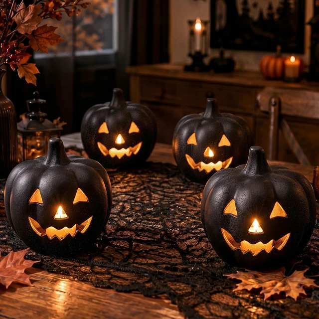 Main image of 4 Pcs Halloween Decor Black Terracotta Pumpkin Jack O Lantern | Fall Pumpkin Table Decor, Rustic Clay Pumpkin, Halloween Tealight Holder for Porch Patio Garden Mantel Home Indoor Decor