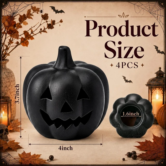 Alt view image 2 of 7 - 4 Pcs Halloween Decor Black Terracotta Pumpkin Jack O Lantern | Fall Pumpkin Table Decor, Rustic Clay Pumpkin, Halloween Tealight Holder for Porch Patio Garden Mantel Home Indoor Decor