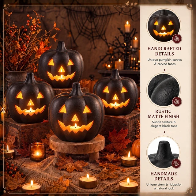 Alt view image 3 of 7 - 4 Pcs Halloween Decor Black Terracotta Pumpkin Jack O Lantern | Fall Pumpkin Table Decor, Rustic Clay Pumpkin, Halloween Tealight Holder for Porch Patio Garden Mantel Home Indoor Decor