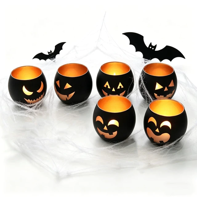 Alt view image 2 of 7 - Halloween Table Decor Set of 6, Jack O Lanterns Black Glass Votive Tealight Candle Holders, Halloween Decorations Indoor Party Mantel Coffe Table Centerpiece Decor