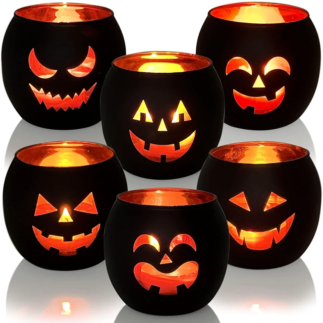 Main image of Halloween Table Decor Set of 6, Jack O Lanterns Black Glass Votive Tealight Candle Holders, Halloween Decorations Indoor Party Mantel Coffe Table Centerpiece Decor
