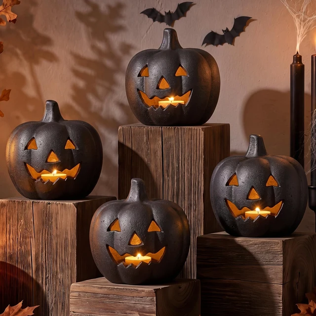 Alt view image 4 of 7 - 4 Pcs Halloween Decor Black Terracotta Pumpkin Jack O Lantern | Fall Pumpkin Table Decor, Rustic Clay Pumpkin, Halloween Tealight Holder for Porch Patio Garden Mantel Home Indoor Decor
