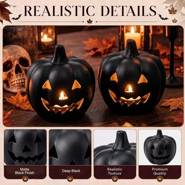Alt view image 5 of 7 - 4 Pcs Halloween Decor Black Terracotta Pumpkin Jack O Lantern | Fall Pumpkin Table Decor, Rustic Clay Pumpkin, Halloween Tealight Holder for Porch Patio Garden Mantel Home Indoor Decor