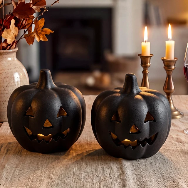Alt view image 6 of 7 - 4 Pcs Halloween Decor Black Terracotta Pumpkin Jack O Lantern | Fall Pumpkin Table Decor, Rustic Clay Pumpkin, Halloween Tealight Holder for Porch Patio Garden Mantel Home Indoor Decor