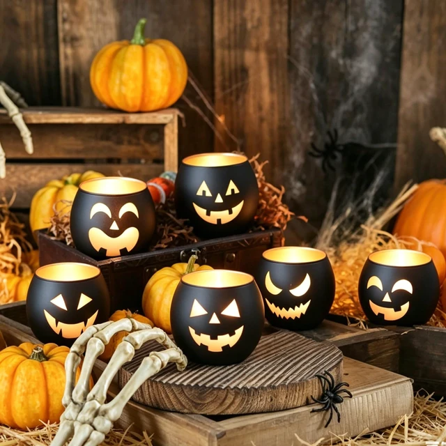 Alt view image 5 of 7 - Halloween Table Decor Set of 6, Jack O Lanterns Black Glass Votive Tealight Candle Holders, Halloween Decorations Indoor Party Mantel Coffe Table Centerpiece Decor