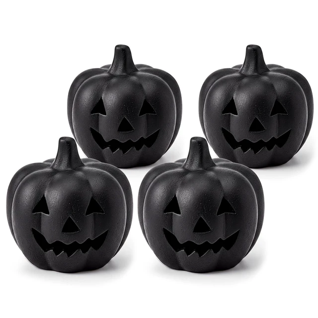 Alt view image 7 of 7 - 4 Pcs Halloween Decor Black Terracotta Pumpkin Jack O Lantern | Fall Pumpkin Table Decor, Rustic Clay Pumpkin, Halloween Tealight Holder for Porch Patio Garden Mantel Home Indoor Decor