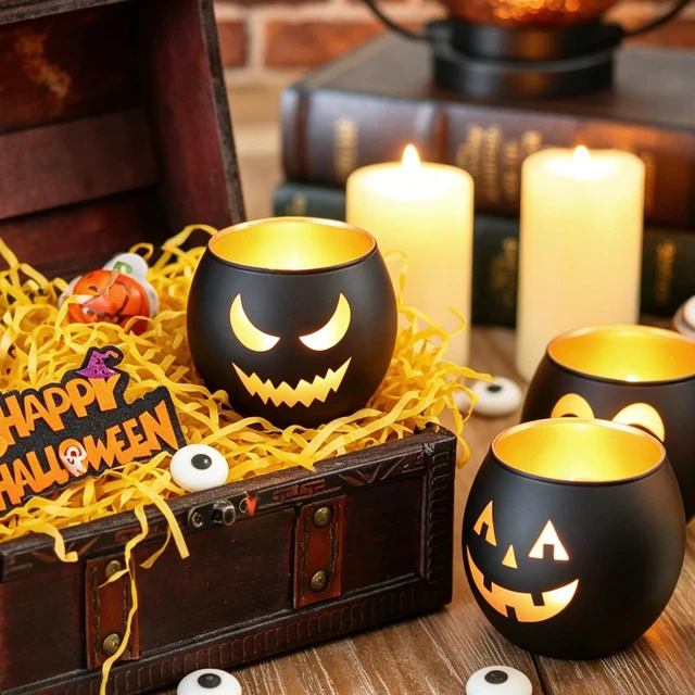 Alt view image 6 of 7 - Halloween Table Decor Set of 6, Jack O Lanterns Black Glass Votive Tealight Candle Holders, Halloween Decorations Indoor Party Mantel Coffe Table Centerpiece Decor