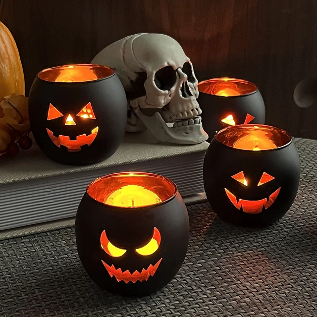 Alt view image 7 of 7 - Halloween Table Decor Set of 6, Jack O Lanterns Black Glass Votive Tealight Candle Holders, Halloween Decorations Indoor Party Mantel Coffe Table Centerpiece Decor