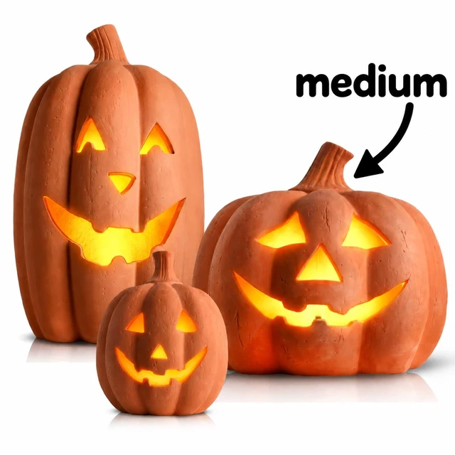 Alt view image 2 of 7 - Halloween Lighted Terracotta Jack O Lantern Pumpkin 9.8 Inch Decor | Warm Glow Pottery Fall Accent for Indoor Outdoor Porch, Tabletop, Entryway, Mantel, Haunted House and Seasonal Autumn Display