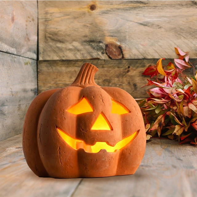 Alt view image 3 of 7 - Halloween Lighted Terracotta Jack O Lantern Pumpkin 9.8 Inch Decor | Warm Glow Pottery Fall Accent for Indoor Outdoor Porch, Tabletop, Entryway, Mantel, Haunted House and Seasonal Autumn Display