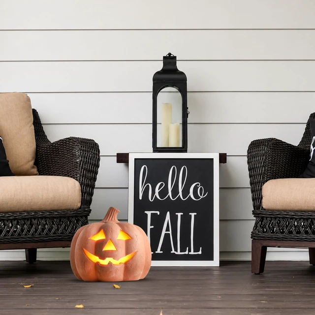 Alt view image 4 of 7 - Halloween Lighted Terracotta Jack O Lantern Pumpkin 9.8 Inch Decor | Warm Glow Pottery Fall Accent for Indoor Outdoor Porch, Tabletop, Entryway, Mantel, Haunted House and Seasonal Autumn Display