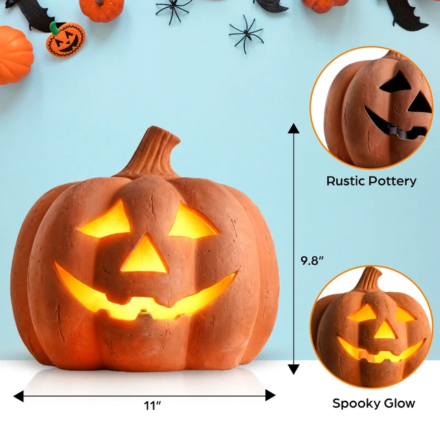 Alt view image 5 of 7 - Halloween Lighted Terracotta Jack O Lantern Pumpkin 9.8 Inch Decor | Warm Glow Pottery Fall Accent for Indoor Outdoor Porch, Tabletop, Entryway, Mantel, Haunted House and Seasonal Autumn Display