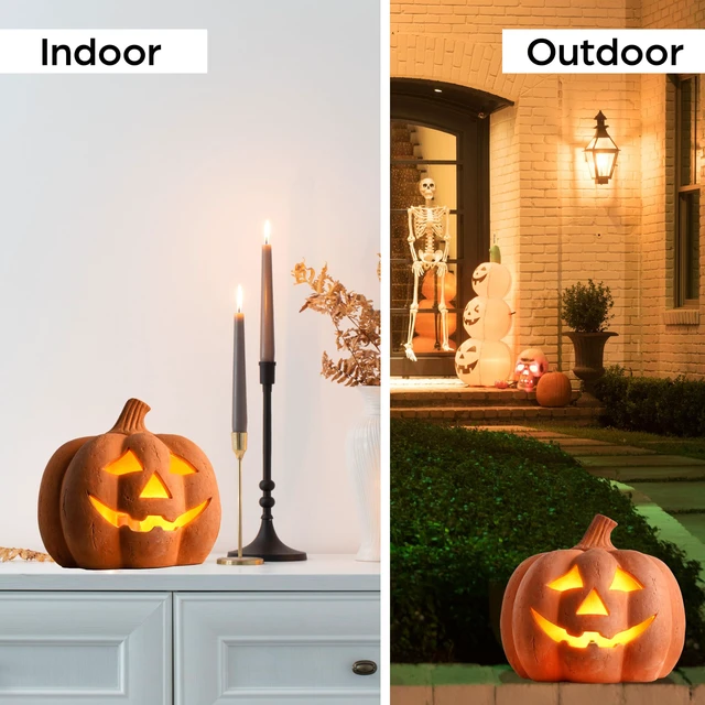 Alt view image 7 of 7 - Halloween Lighted Terracotta Jack O Lantern Pumpkin 9.8 Inch Decor | Warm Glow Pottery Fall Accent for Indoor Outdoor Porch, Tabletop, Entryway, Mantel, Haunted House and Seasonal Autumn Display