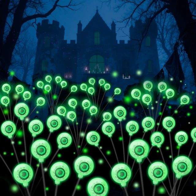 Main image of Halloween Decorations Outdoor Solar Eyeball Lights, 2 Pack 12LED Green | 2 Lighting Modes Scary Solar Eyeball Pathway Lights, Auto ON/OFF, IP65 Waterproof, Sway by Wind, for Garden Lawn Yard