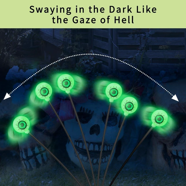 Alt view image 3 of 7 - Halloween Decorations Outdoor Solar Eyeball Lights, 2 Pack 12LED Green | 2 Lighting Modes Scary Solar Eyeball Pathway Lights, Auto ON/OFF, IP65 Waterproof, Sway by Wind, for Garden Lawn Yard