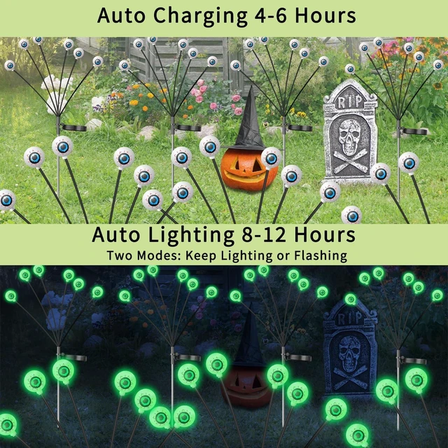 Alt view image 2 of 7 - Halloween Decorations Outdoor Solar Eyeball Lights, 2 Pack 12LED Green | 2 Lighting Modes Scary Solar Eyeball Pathway Lights, Auto ON/OFF, IP65 Waterproof, Sway by Wind, for Garden Lawn Yard