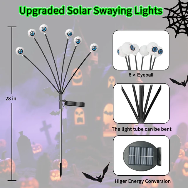 Alt view image 5 of 7 - Halloween Decorations Outdoor Solar Eyeball Lights, 2 Pack 12LED Green | 2 Lighting Modes Scary Solar Eyeball Pathway Lights, Auto ON/OFF, IP65 Waterproof, Sway by Wind, for Garden Lawn Yard