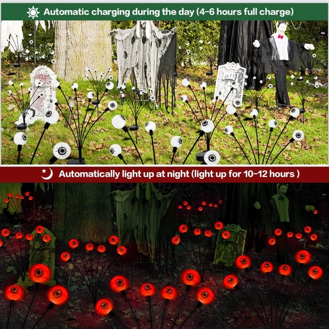 Alt view image 7 of 7 - Outdoor Halloween Decorations Solar Spooky Lights-12LED Scary Eyeballs Swaying Firefly Light with Magic Party Garden Decor,Solar Halloween Path Lights for Grave Cemetery,Ghost Decor 2PACK Orange