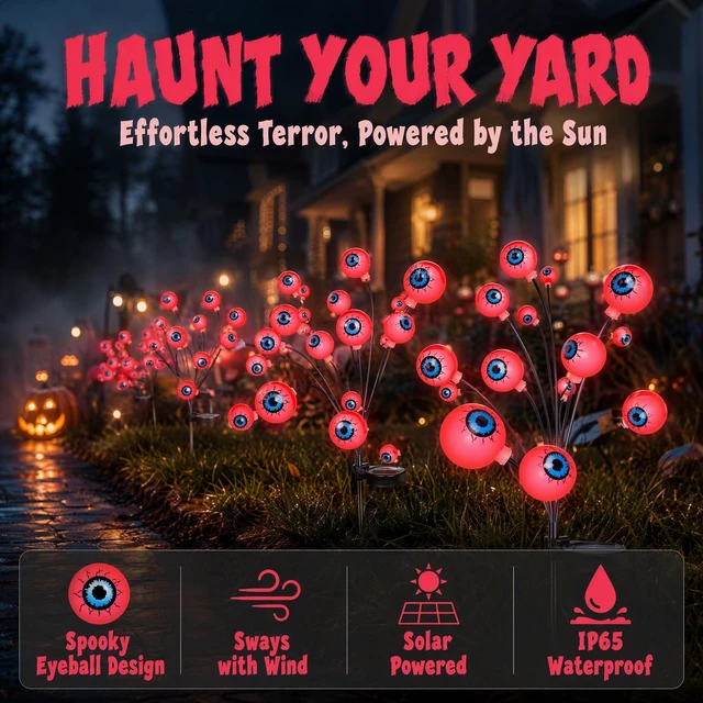 Alt view image 3 of 7 - 4 Pack Halloween Decorations Outdoor 24 LED Solar Eyeball Lights | 2 Modes, Waterproof, Pathway Lights, Spooky Eyes Halloween Solar Lights for Garden Patio Yard Lawn Horror Party Decor