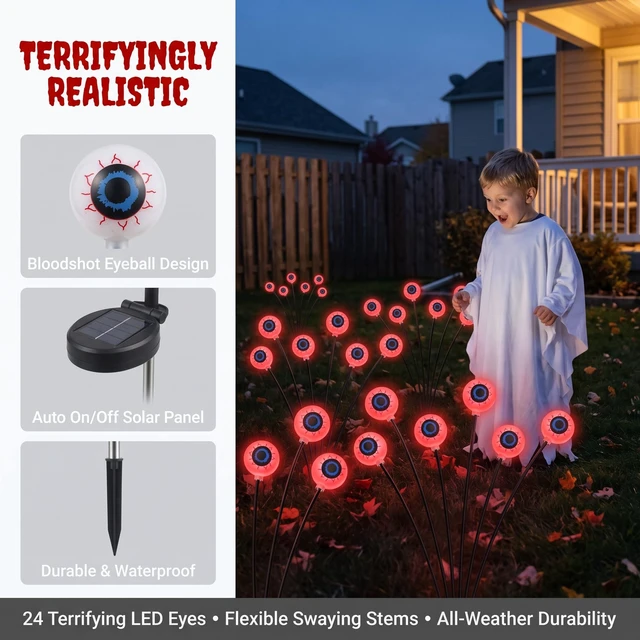 Alt view image 7 of 7 - 4 Pack Halloween Decorations Outdoor 24 LED Solar Eyeball Lights | 2 Modes, Waterproof, Pathway Lights, Spooky Eyes Halloween Solar Lights for Garden Patio Yard Lawn Horror Party Decor