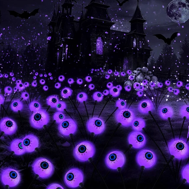 Main image of Halloween Decorations Outdoor, 2 Pack 16 LEDs Solar Eyeball Lights | 8 Modes Scary Swaying Halloween Lights; Auto On/Off Solar Path Lights Waterproof for Garden, Patio, Yard, Lawn Decor (Purple)