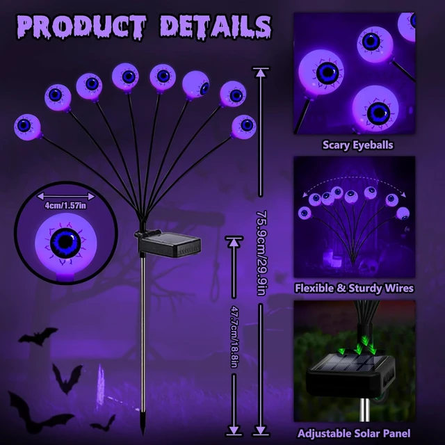 Alt view image 2 of 7 - Halloween Decorations Outdoor, 2 Pack 16 LEDs Solar Eyeball Lights | 8 Modes Scary Swaying Halloween Lights; Auto On/Off Solar Path Lights Waterproof for Garden, Patio, Yard, Lawn Decor (Purple)