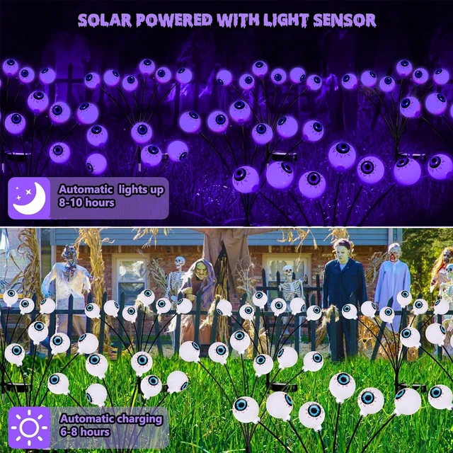 Alt view image 5 of 7 - Halloween Decorations Outdoor, 2 Pack 16 LEDs Solar Eyeball Lights | 8 Modes Scary Swaying Halloween Lights; Auto On/Off Solar Path Lights Waterproof for Garden, Patio, Yard, Lawn Decor (Purple)