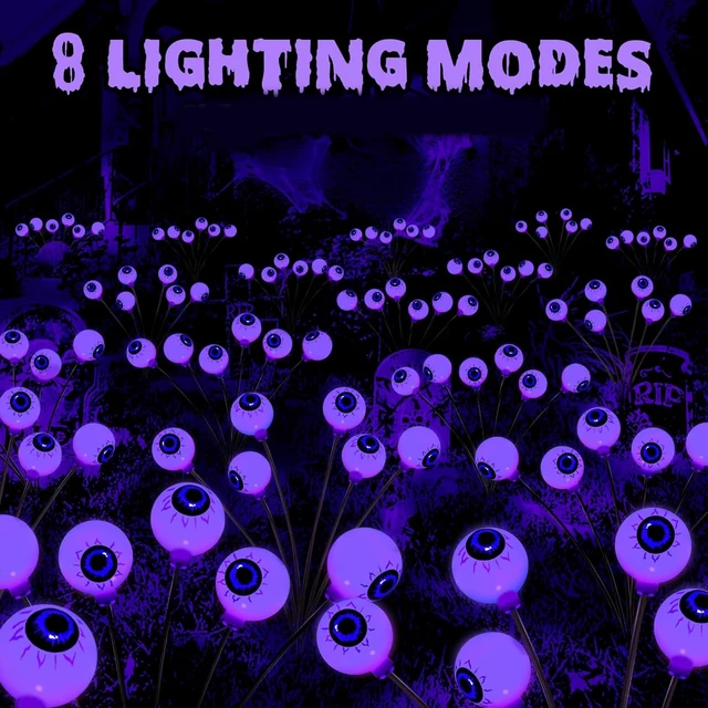Alt view image 6 of 7 - Halloween Decorations Outdoor, 2 Pack 16 LEDs Solar Eyeball Lights | 8 Modes Scary Swaying Halloween Lights; Auto On/Off Solar Path Lights Waterproof for Garden, Patio, Yard, Lawn Decor (Purple)