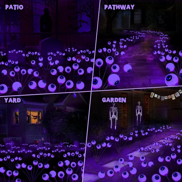 Alt view image 7 of 7 - Halloween Decorations Outdoor, 2 Pack 16 LEDs Solar Eyeball Lights | 8 Modes Scary Swaying Halloween Lights; Auto On/Off Solar Path Lights Waterproof for Garden, Patio, Yard, Lawn Decor (Purple)