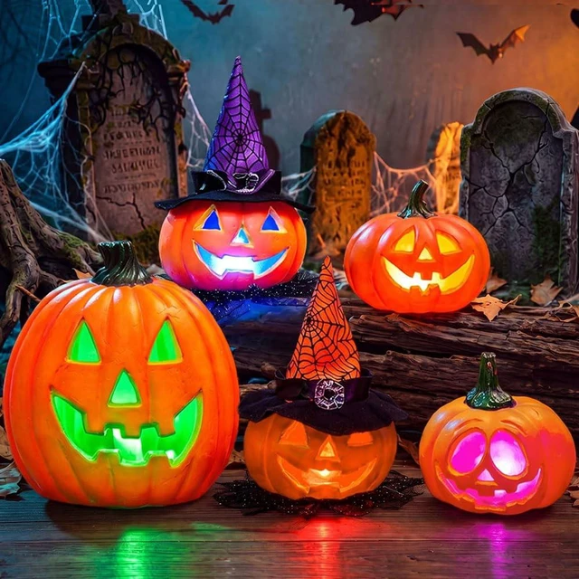 Main image of 5 Pcs Light Up Halloween Pumpkin Decor Jack O Lantern Decorations Outdoor Indoor, Halloween Props Plastic Pumpkins Large Trick Or Treat Table Top Home Room Party Yards Supplies Favors