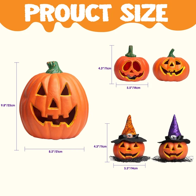 Alt view image 2 of 7 - 5 Pcs Light Up Halloween Pumpkin Decor Jack O Lantern Decorations Outdoor Indoor, Halloween Props Plastic Pumpkins Large Trick Or Treat Table Top Home Room Party Yards Supplies Favors