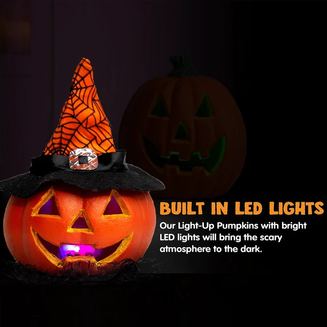 Alt view image 3 of 7 - 5 Pcs Light Up Halloween Pumpkin Decor Jack O Lantern Decorations Outdoor Indoor, Halloween Props Plastic Pumpkins Large Trick Or Treat Table Top Home Room Party Yards Supplies Favors