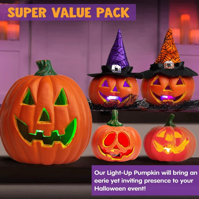 Alt view image 4 of 7 - 5 Pcs Light Up Halloween Pumpkin Decor Jack O Lantern Decorations Outdoor Indoor, Halloween Props Plastic Pumpkins Large Trick Or Treat Table Top Home Room Party Yards Supplies Favors