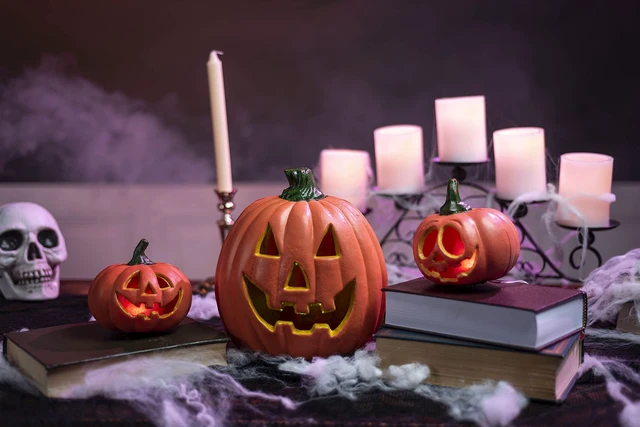 Alt view image 6 of 7 - 5 Pcs Light Up Halloween Pumpkin Decor Jack O Lantern Decorations Outdoor Indoor, Halloween Props Plastic Pumpkins Large Trick Or Treat Table Top Home Room Party Yards Supplies Favors