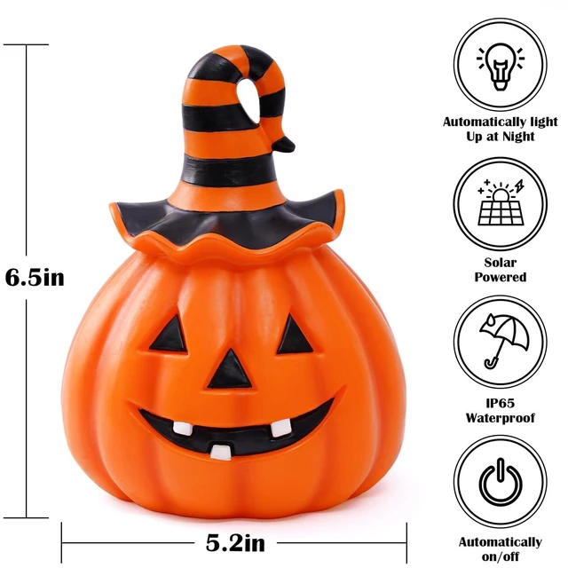 Alt view image 2 of 7 - Halloween Pumpkin Outdoor Solar Light, Jack O Lantern with Witch Hat | Jack O Lantern garden statue with witch hat and solar light for Halloween yard, patio, pathway and fall outdoor decor