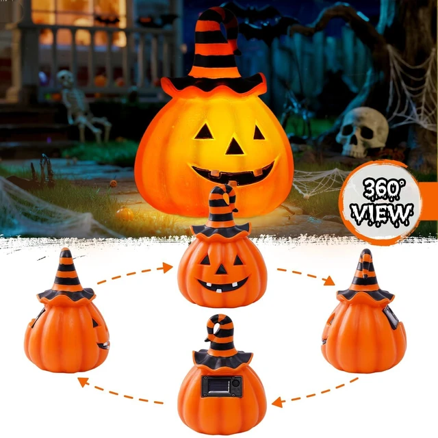 Alt view image 3 of 7 - Halloween Pumpkin Outdoor Solar Light, Jack O Lantern with Witch Hat | Jack O Lantern garden statue with witch hat and solar light for Halloween yard, patio, pathway and fall outdoor decor