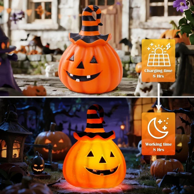 Alt view image 4 of 7 - Halloween Pumpkin Outdoor Solar Light, Jack O Lantern with Witch Hat | Jack O Lantern garden statue with witch hat and solar light for Halloween yard, patio, pathway and fall outdoor decor