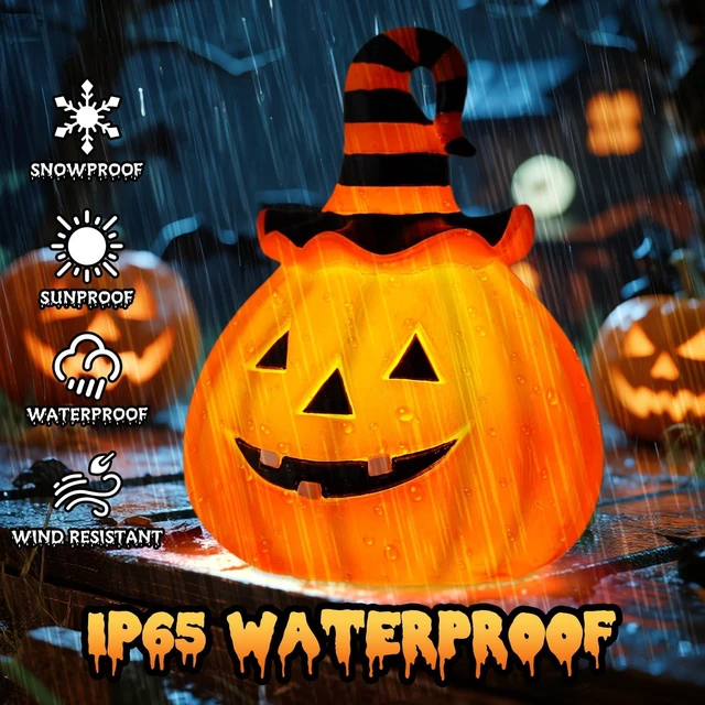 Alt view image 5 of 7 - Halloween Pumpkin Outdoor Solar Light, Jack O Lantern with Witch Hat | Jack O Lantern garden statue with witch hat and solar light for Halloween yard, patio, pathway and fall outdoor decor