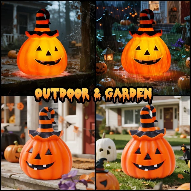 Alt view image 6 of 7 - Halloween Pumpkin Outdoor Solar Light, Jack O Lantern with Witch Hat | Jack O Lantern garden statue with witch hat and solar light for Halloween yard, patio, pathway and fall outdoor decor