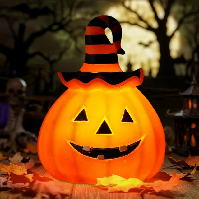 Alt view image 7 of 7 - Halloween Pumpkin Outdoor Solar Light, Jack O Lantern with Witch Hat | Jack O Lantern garden statue with witch hat and solar light for Halloween yard, patio, pathway and fall outdoor decor