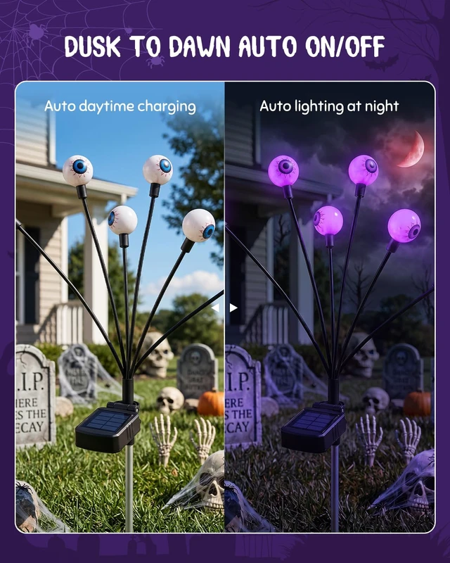 Alt view image 4 of 7 - 6 Pack 36 LED Halloween Solar Scary Eyeball Light Outdoor Decoration | Purple Auto On Off Waterproof Twinkle Spooky Landscape Stake Lamp for Garden Path Flowerbed Decor with Steady&Soft Dual Modes